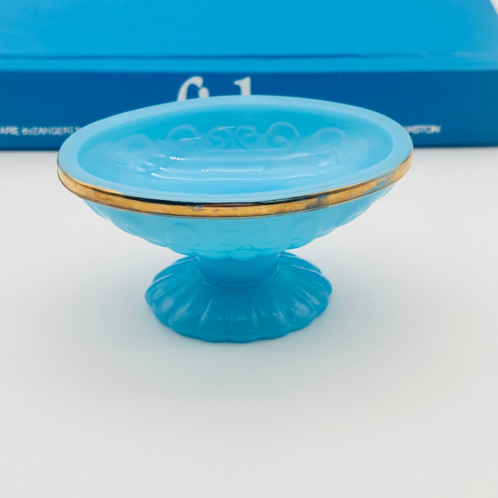 Vintage Avon Blue Milk Glass Pedestal Trinket Dish Soap Gold Rim Scroll Pattern